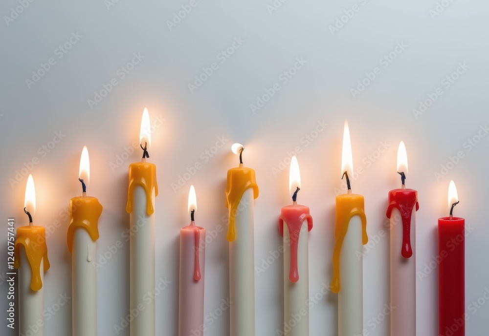 A row of candles in a diagonal line against a dark background, creating a warm and inviting glow. A row of candles in a diagonal line against a dark background, creating a warm and inviting glow.