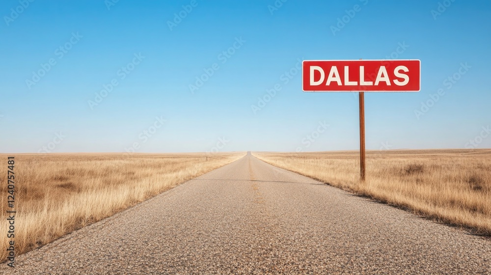 Wide open road leads to Dallas sign, showcasing Texas' vast land Wide open road leads to Dallas sign, showcasing Texas' vast land