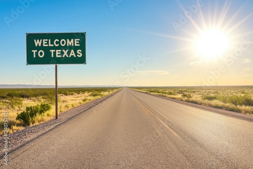 Wide road leads to Texas with bright sunlight illuminating endle photo