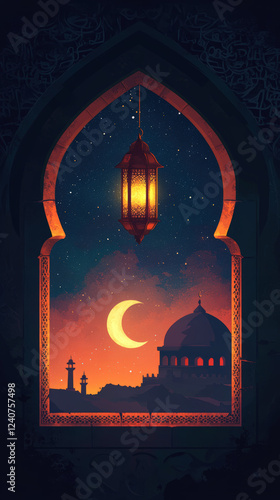 Islamic Lantern and Crescent Moon with Starry Night Sky