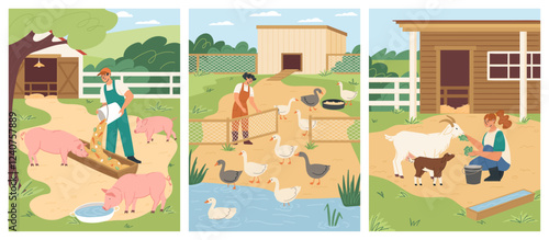 Farmers are engaged in daily tasks, feeding pigs, ducks, and goats while bustling around the farm. The sunny outdoor environment highlights the lively interaction with the animals. Vector set.