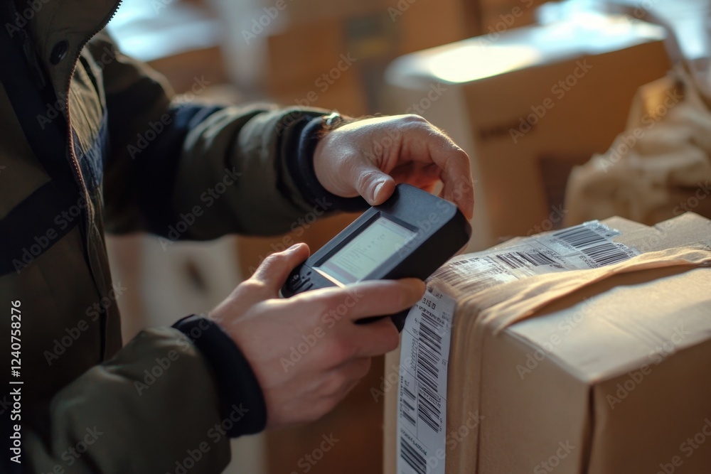 Fototapeta premium Efficient cargo management hands scanning barcode on package in warehouse logistics environment close-up viewpoint streamlining inventory processes