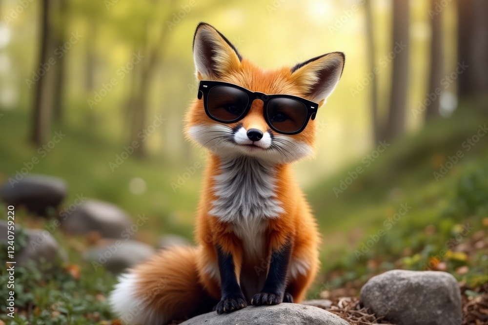 Fototapeta premium Adorable fox wearing sunglasses sitting on a rock in a lush forest