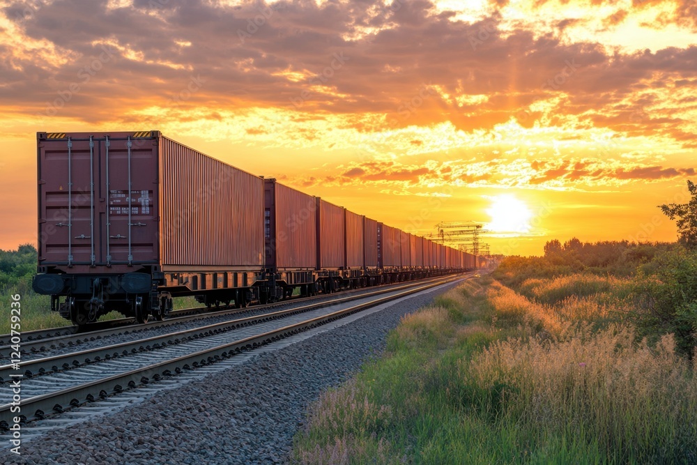 Cargo containers transported on a moving train through rural landscape at sunset scenic views of trains and nature symbolizing freight and transportation dynamics Cargo containers transported on a moving train through rural landscape at sunset scenic views of trains and nature symbolizing freight and transportation dynamics