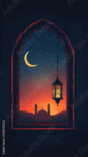 Traditional Lantern Hanging in Front of Crescent Moon and Mosque Silhouette