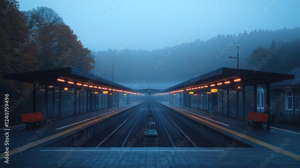 Fototapeta premium Misty Train Station at Dawn, Empty Platform, Autumn Foliage