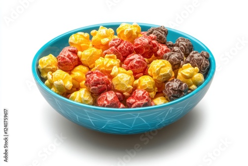 Colorful Gourmet Popcorn in a Blue Geometric Bowl on White Background