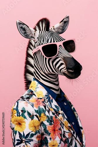 Zebra Wearing Pink Sunglasses and Colorful Shirt on Pink Background. Generative AI