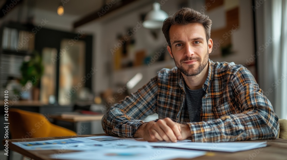 A focused man sits at a table with documents, exuding a creative and professional atmosphere in a stylish workspace. A focused man sits at a table with documents, exuding a creative and professional atmosphere in a stylish workspace.