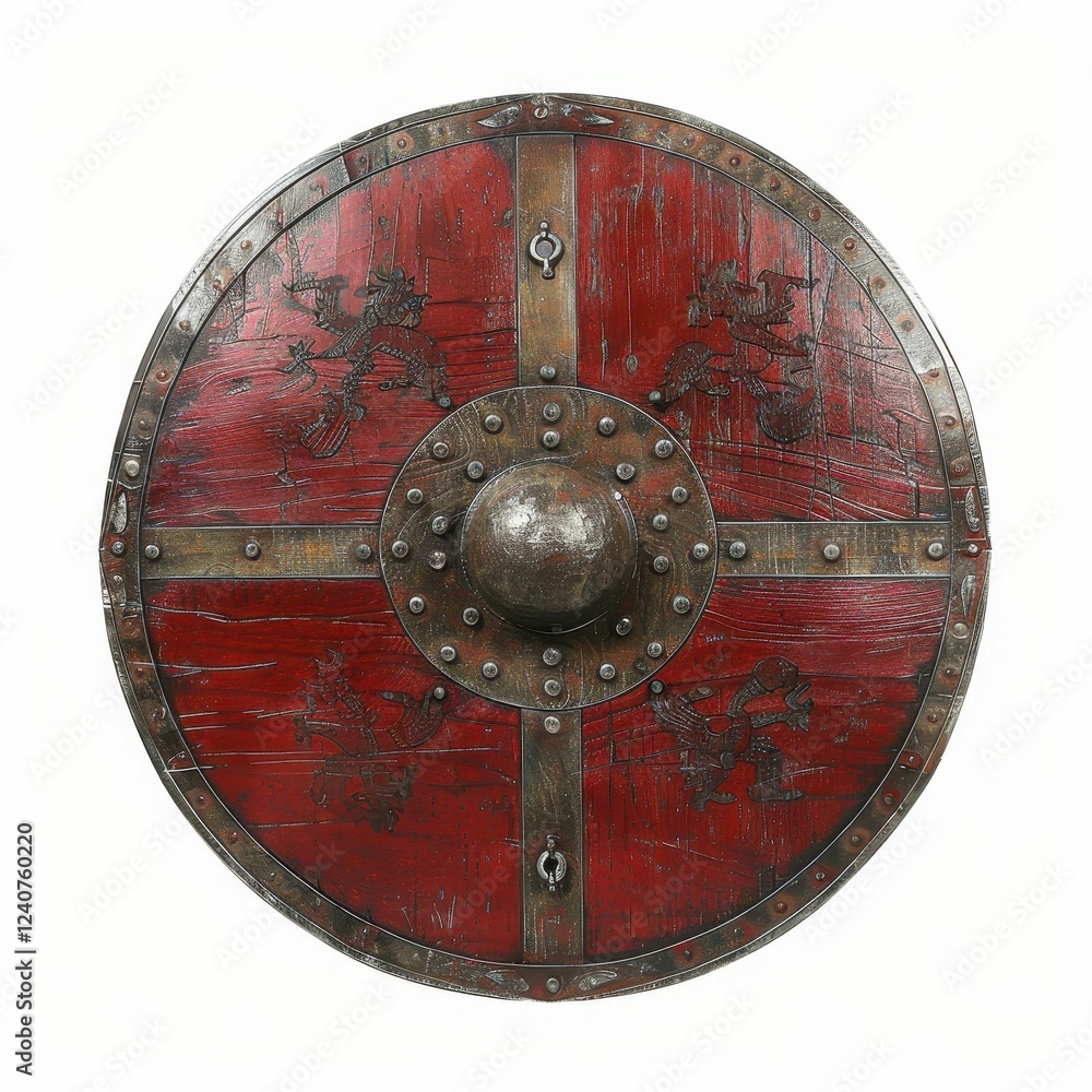 Naklejka premium Ancient red shield with intricate designs.
