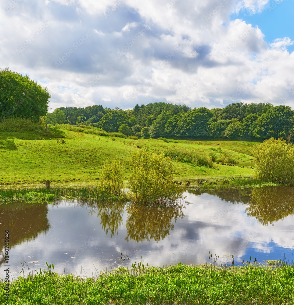Nature, lake and grass field with cloudy sky for natural scenery, growth or outdoor foliage. Empty, pond or river with greenery, bushes or plants in wilderness for eco environment in countryside Nature, lake and grass field with cloudy sky for natural scenery, growth or outdoor foliage. Empty, pond or river with greenery, bushes or plants in wilderness for eco environment in countryside