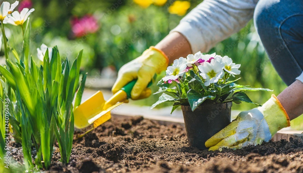 Fototapeta premium A woman planting flowers in a beautiful home garden, fresh green plants around, gardening to.