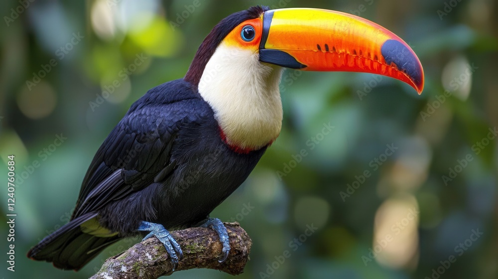 Fototapeta premium A vibrant toucan perches on a branch, showcasing its striking multicolored beak against a lush green background.