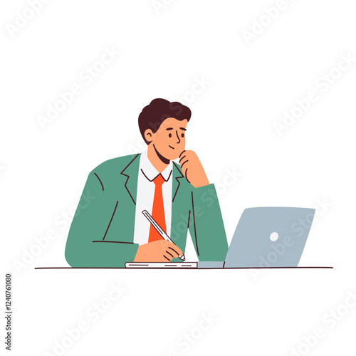 A businessman thoughtfully jots notes while working on his laptop