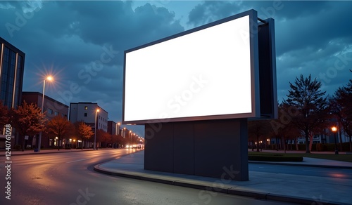 A large outdoor billboard with a bright white screen on a curved street in a modern city at dusk. Ideal for advertising mockups, branding, and digital marketing projects. High-resolution stock photo,