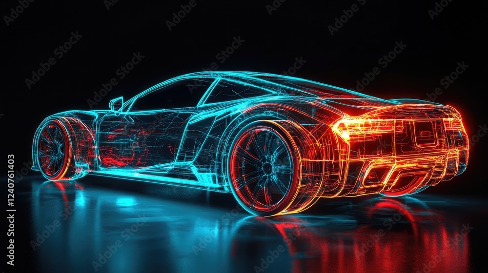 A holographic car design concept glowing against a dark background, showcasing a cutting-edge, futuristic look. A holographic car design concept glowing against a dark background, showcasing a cutting-edge, futuristic look.