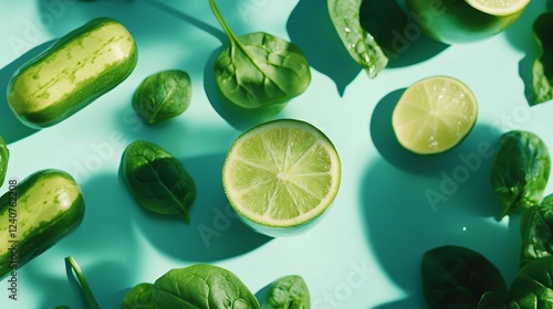 Vibrant Green Food Arrangement: Fresh Cucumbers, Spinach, and Limes - A Healthy and Delicious Composition photo