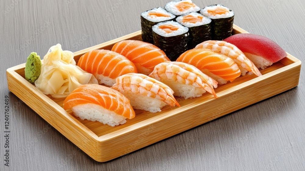Gourmet Sushi Platter on Wooden Tray with Elegant Lighting Gourmet Sushi Platter on Wooden Tray with Elegant Lighting