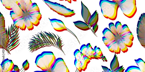 Vibrant Tropical Floral Pattern with Glitch Effect