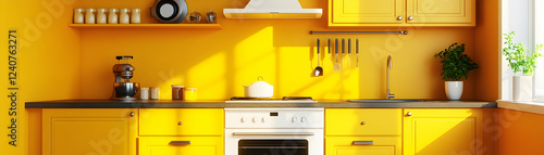 Sunny Yellow Kitchen, Modern Design with Appliances & Utensils, Brightly Lit, Cheerful Ambiance