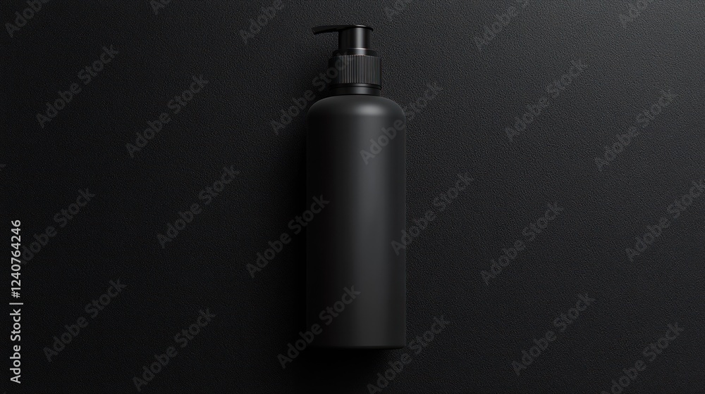 Fototapeta premium Black pump bottle on dark background, mockup
