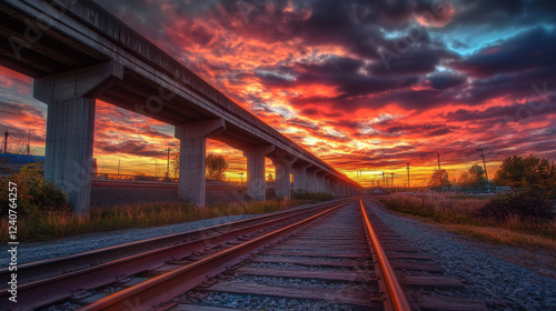 Sunset over railway tracks dramatic sky vibrant clouds travel adventure industrial landscape road journey dusk train path transportation