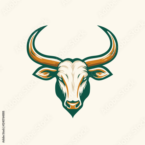 Stylized longhorn bull head with striking horns and distinct facial features