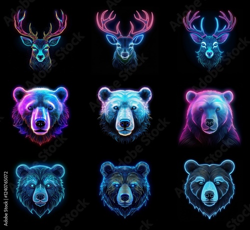 Nine neon animal heads; three deer and six bears in vibrant pink, blue, and purple hues against a black background.  A digital art collection featuring wildlife. photo