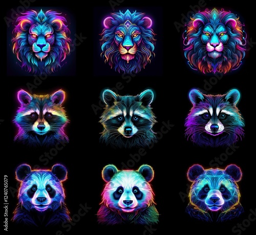 Nine vibrant animal portraits: lions and raccoons, glowing with neon colors against a black background.  Each animal is depicted three times with slight variations in color and style. photo