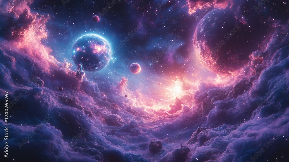 Cosmic jester on a radiant sphere surrounded by orbiting planets and shimmering ornaments Deep blues purples and pinks bring an otherworldly vibe with constellations dotting the starry backdrop Cosmic jester on a radiant sphere surrounded by orbiting planets and shimmering ornaments Deep blues purples and pinks bring an otherworldly vibe with constellations dotting the starry backdrop