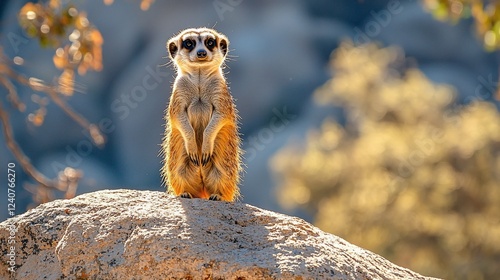 Meerkat standing rock, African savanna, sunny day, wildlife photography