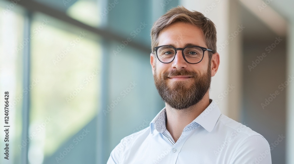 A man with a beard and glasses smiles confidently in a bright, modern environment. A man with a beard and glasses smiles confidently in a bright, modern environment.