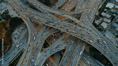 Aerial view congested freeway interchange at dusk
