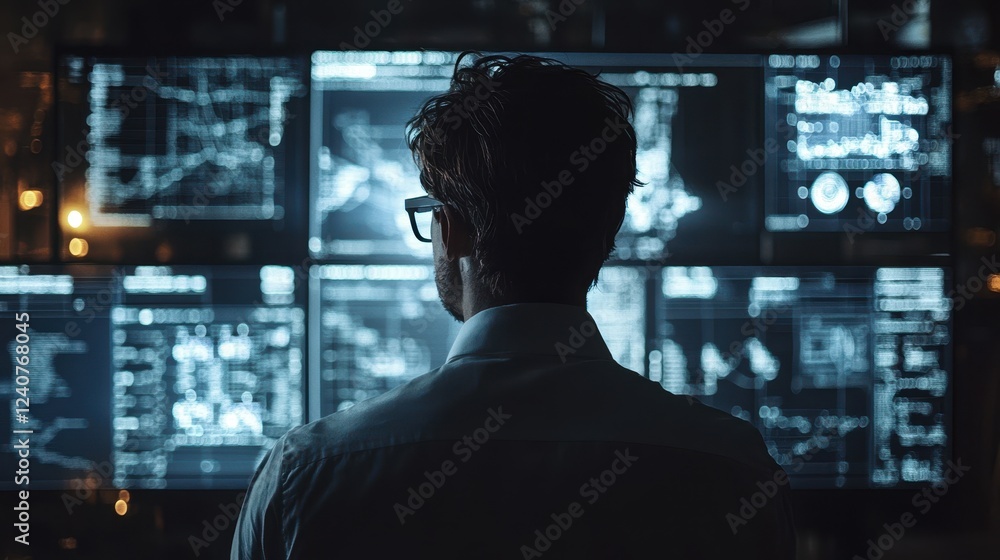 A focused individual observes multiple screens displaying data and analytics in a darkened room, highlighting technology's role in analysis and decision-making. A focused individual observes multiple screens displaying data and analytics in a darkened room, highlighting technology's role in analysis and decision-making.