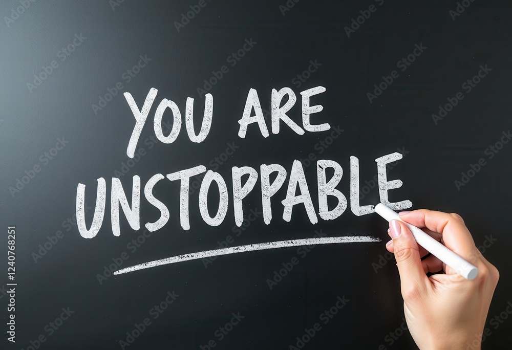 Unleash Your Potential: Write You Are Unstoppable on a Blackboard with White Marker Motivational quotes best for wall art or print Unleash Your Potential: Write You Are Unstoppable on a Blackboard with White Marker Motivational quotes best for wall art or print