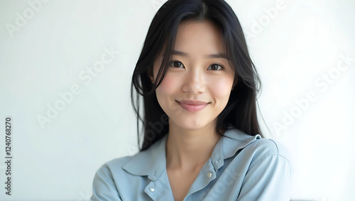 Free Download Beautiful asian woman  long hair smile on white background AI Generated 568 - GFXLoad