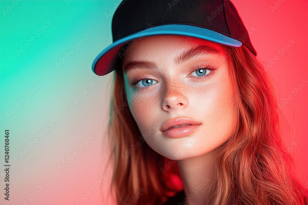 A young Caucasian woman with long red hair and striking blue eyes, wearing a black cap against a colorful gradient background. Colorful Glow, Dual-Tone Studio Lighting A young Caucasian woman with long red hair and striking blue eyes, wearing a black cap against a colorful gradient background. Colorful Glow, Dual-Tone Studio Lighting