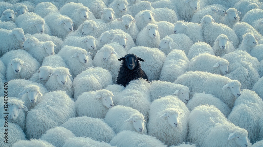 Obraz premium Lone black sheep amidst white flock, pasture, sunrise, individuality