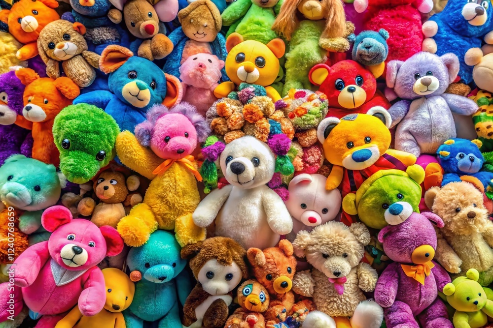 Aerial View of Colorful Plush Toys, Diverse Shapes & Textures, Drone Photography