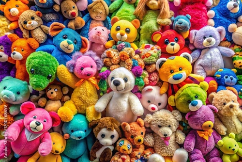 Obraz na płótnie Aerial View of Colorful Plush Toys, Diverse Shapes & Textures, Drone Photography w salonie
