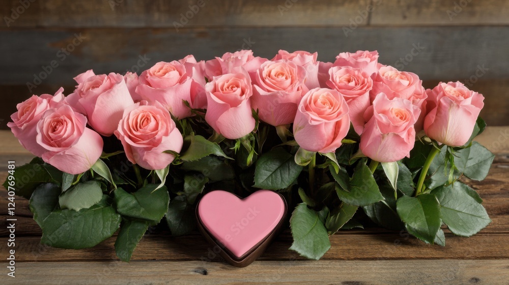 A Heartwarming Bouquet: Delicate Pink Roses Arranged in a Heart-Shaped Box, Accented with a Chocolate Heart, Perfect for Valentine's Day or Any Occasion to Express Your Love and Affection A Heartwarming Bouquet: Delicate Pink Roses Arranged in a Heart-Shaped Box, Accented with a Chocolate Heart, Perfect for Valentine's Day or Any Occasion to Express Your Love and Affection