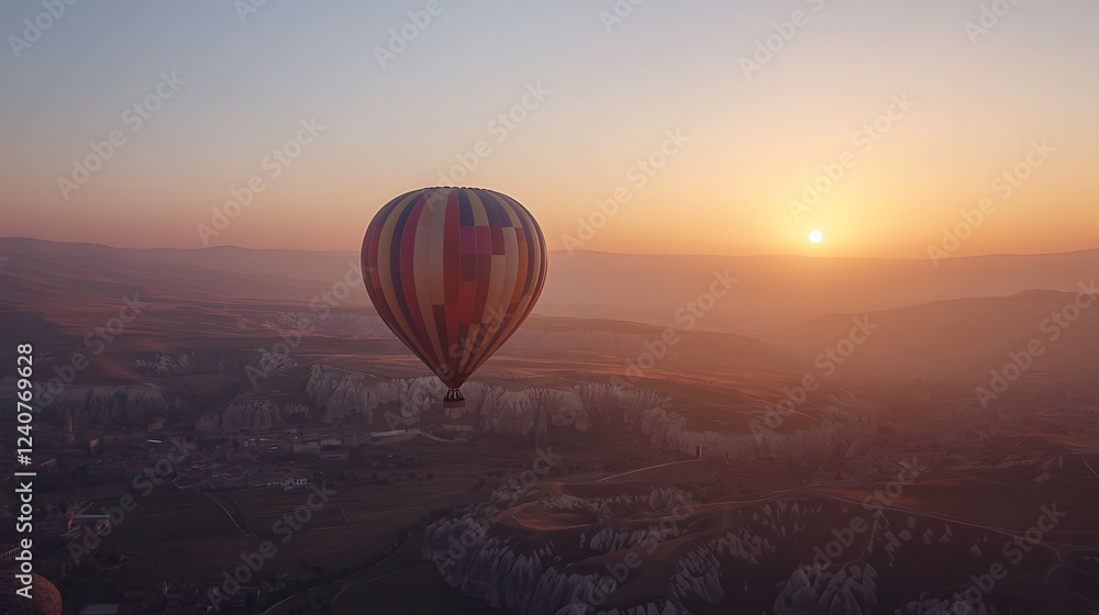 Hot Air Balloon Soaring Over Cappadocia Sunrise Landscape Hot Air Balloon Soaring Over Cappadocia Sunrise Landscape