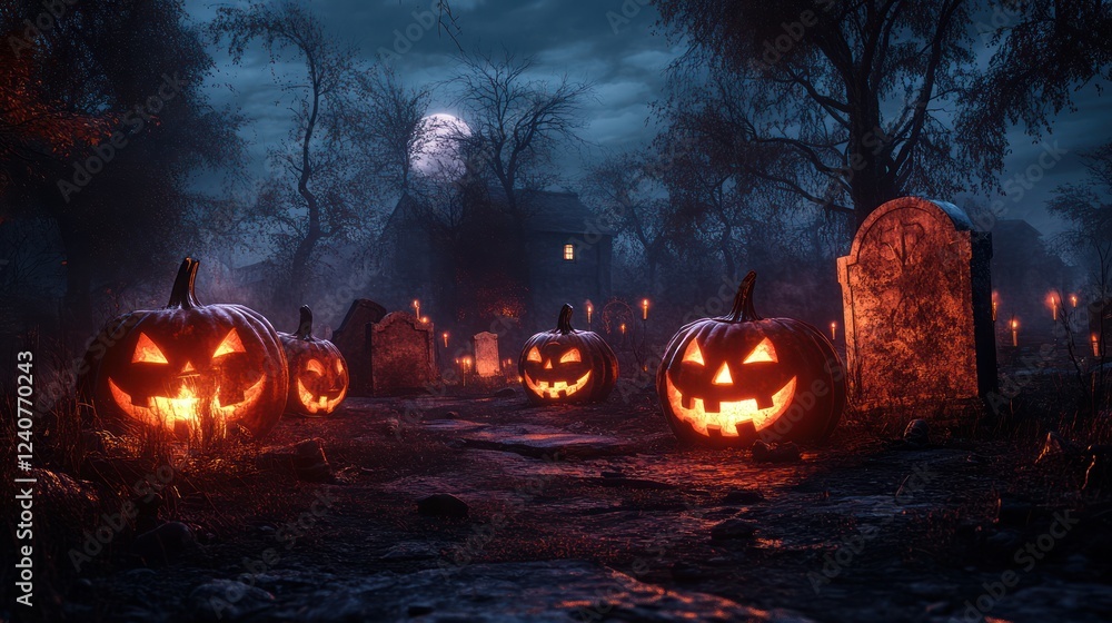 Naklejka premium Halloween jack-o'-lantern graveyard at night with moon