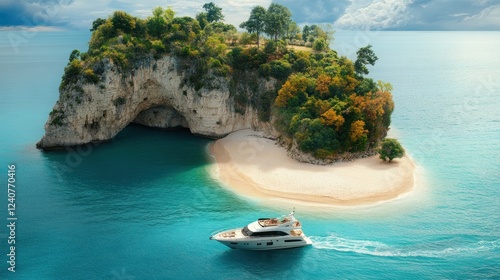 Yacht approaching secluded island beach, turquoise water, dramatic sky, travel brochure