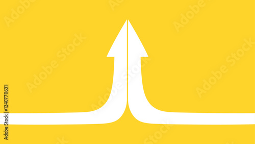 White arrows converge and merge into a single upward arrow on a yellow background, symbolizing unity or progress.