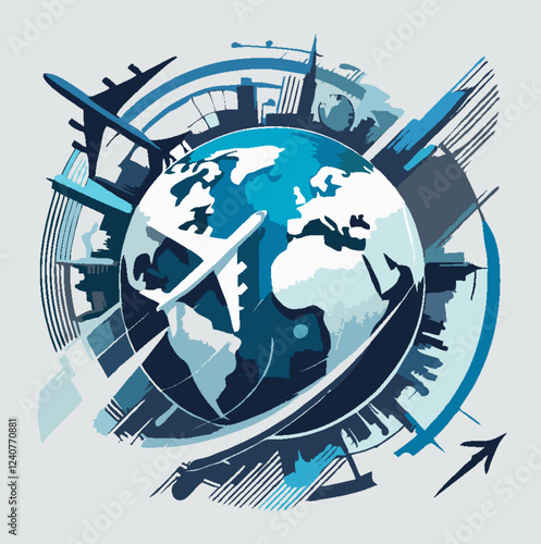 47.eps"This travel agency logo is a modern and inspiring design that represents adventure, exploration, and global travel. It features icons like airplanes, globes, palm trees, compasses, or location 