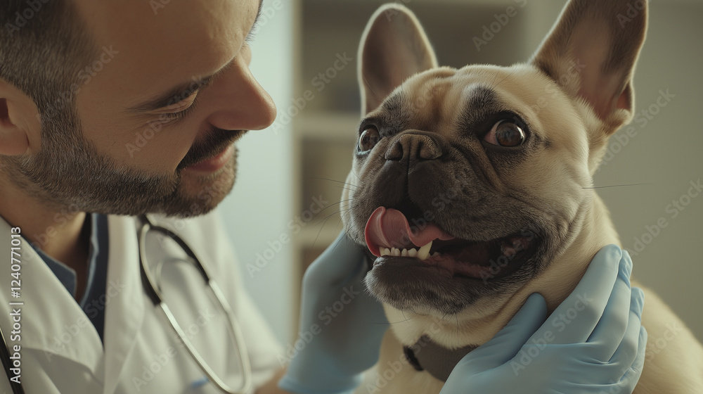 Veterinarian happily examining a cheerful French Bulldog, showcasing care and professionalism in a clinic environment