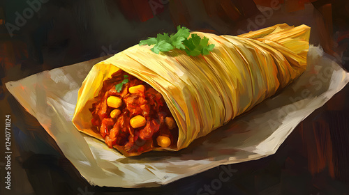 A Mexican tamale filled with meat, chilies, and masa dough, wrapped in a corn husk, offering the savory flavors of Mexican cuisine. photo