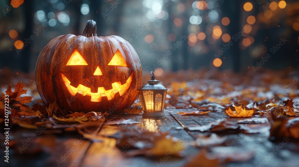 Illuminated Jack-o'-lantern resting on autumn leaves in a forest at night Illuminated Jack-o'-lantern resting on autumn leaves in a forest at night