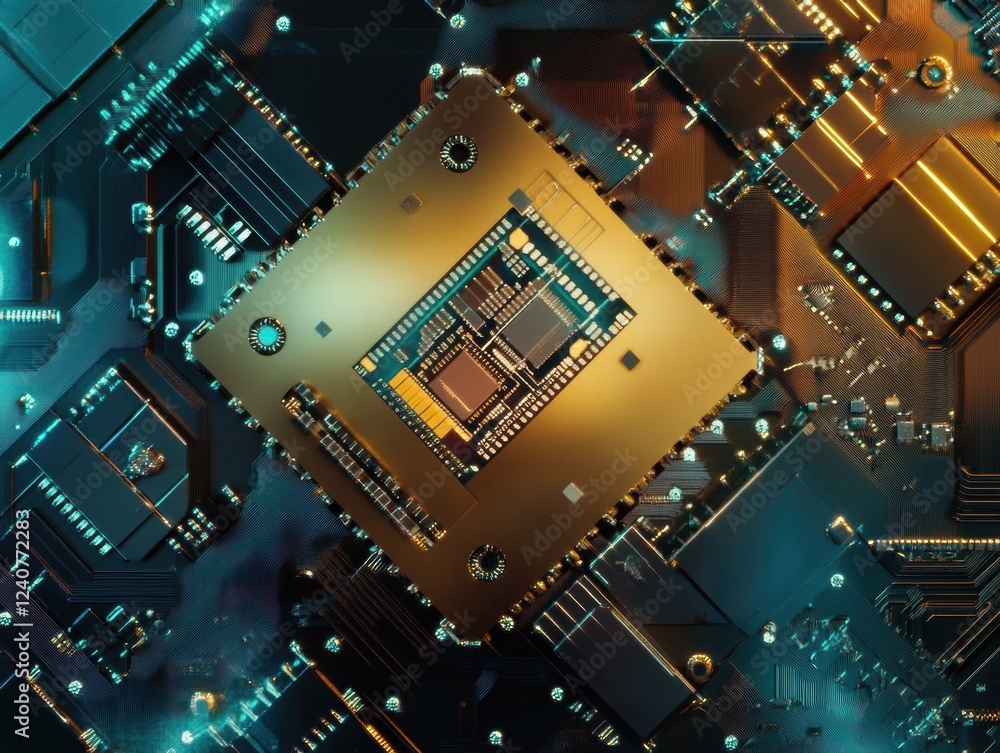 Fototapeta premium Precision chip assembly in electronics manufacturing.